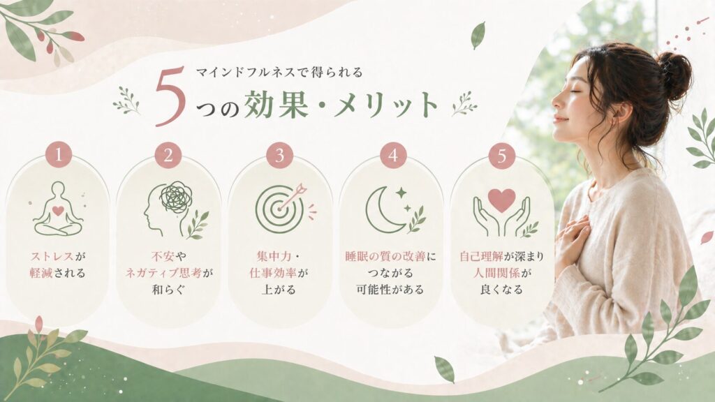 マインドフルネスで得られる5つの効果・メリット（ストレス軽減、集中力向上など）とリラックスする女性。