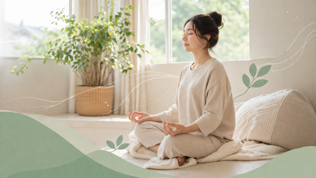 室内で瞑想する女性。リラックスした雰囲気で、観葉植物がある。