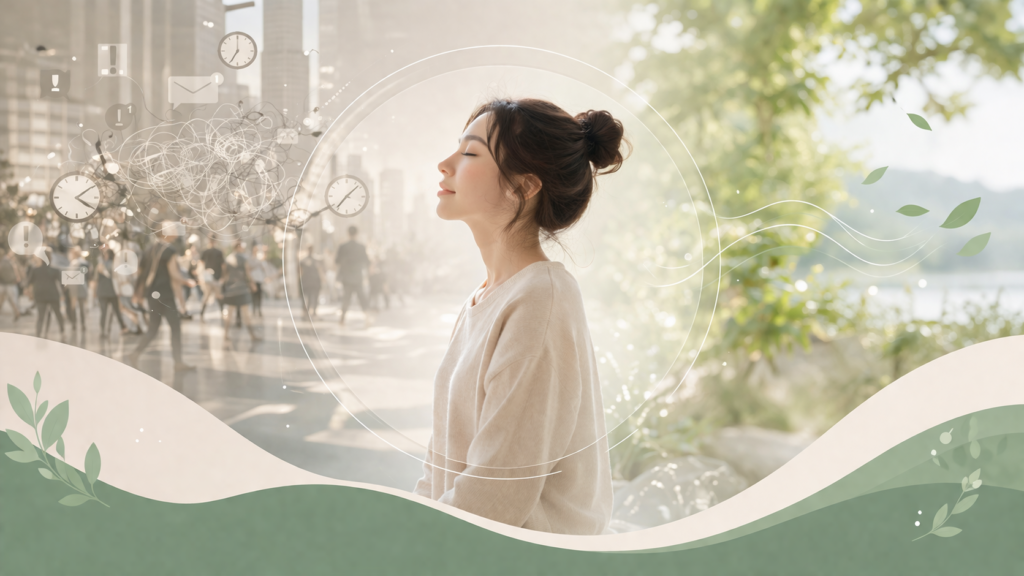 都会と自然の対比の中で、目を閉じてリラックスする女性。