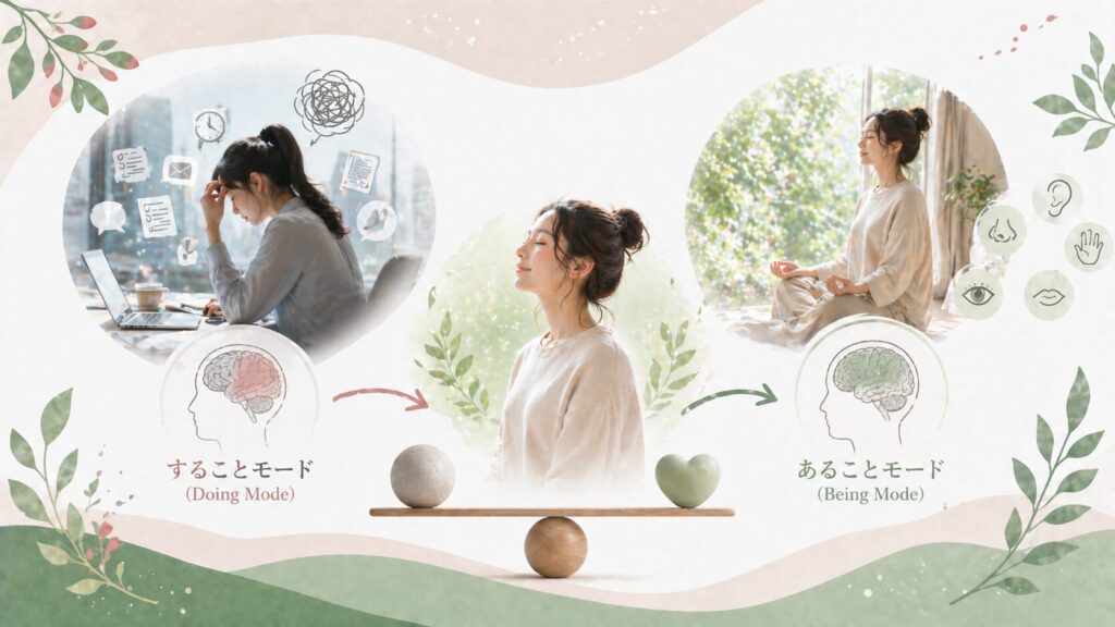 することモード(Doing Mode)のストレスから、あることモード(Being Mode)へ切り替えるイメージ。