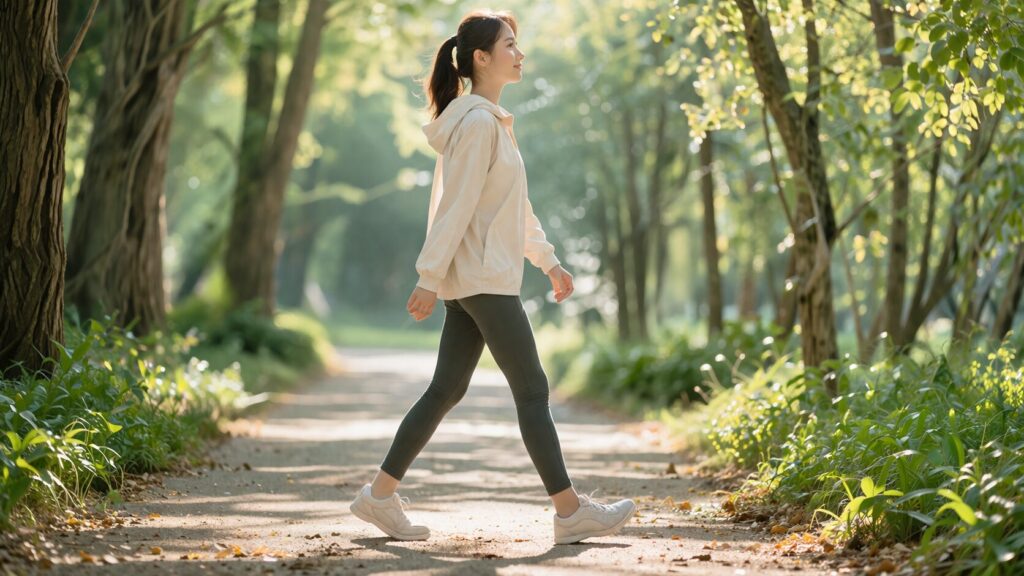 木漏れ日のある森の小道を、笑顔でウォーキングしている女性の姿。