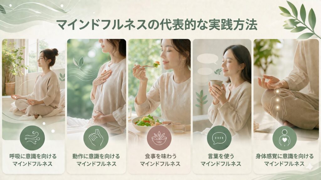 マインドフルネスの代表的な実践方法。呼吸、動作、食事、言葉、身体感覚に意識を向ける5つの方法を解説する図。