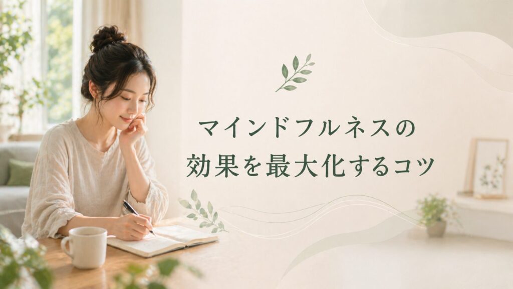 机に向かいノートを書く女性と「マインドフルネスの効果を最大化するコツ」のテキスト。