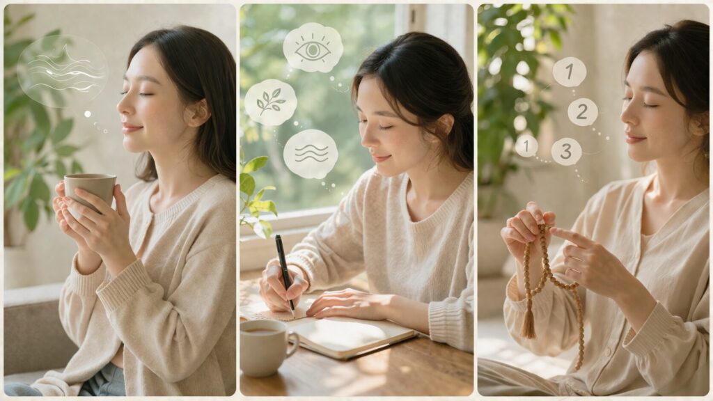 朝の光が差し込む部屋で、温かい飲み物を飲んだり、ノートに書き込んだりしてマインドフルネスを実践する女性。