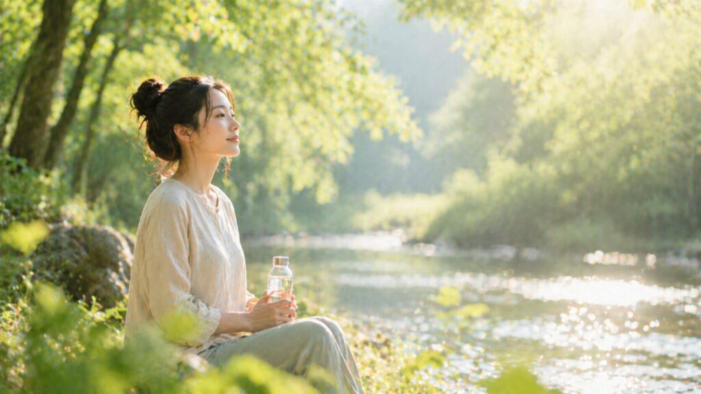 木漏れ日のある自然の川辺に座り、ボトルを持ってリラックスして過ごす女性の様子。