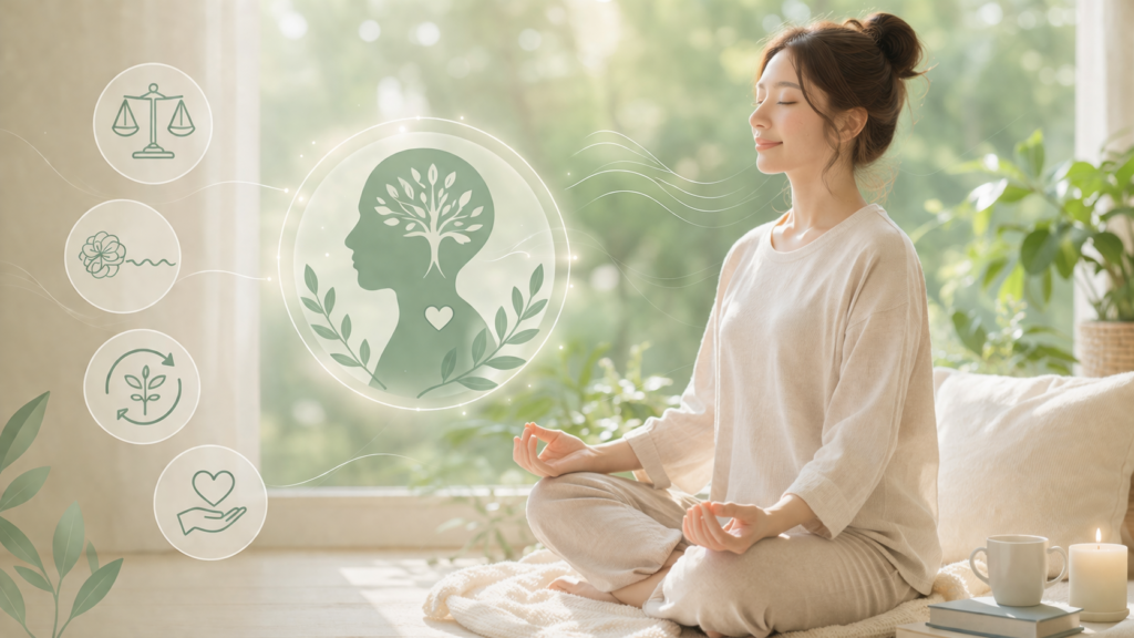 瞑想する女性と、頭に木が生えた脳のアイコンやハート、天秤の図。
