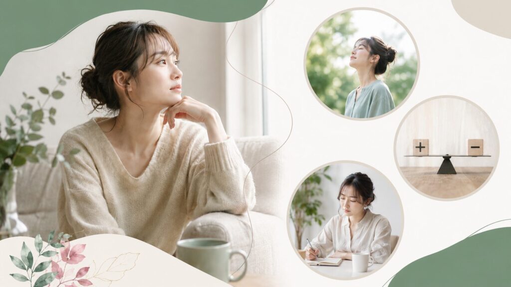 深呼吸や執筆で心身のバランスを整える女性。