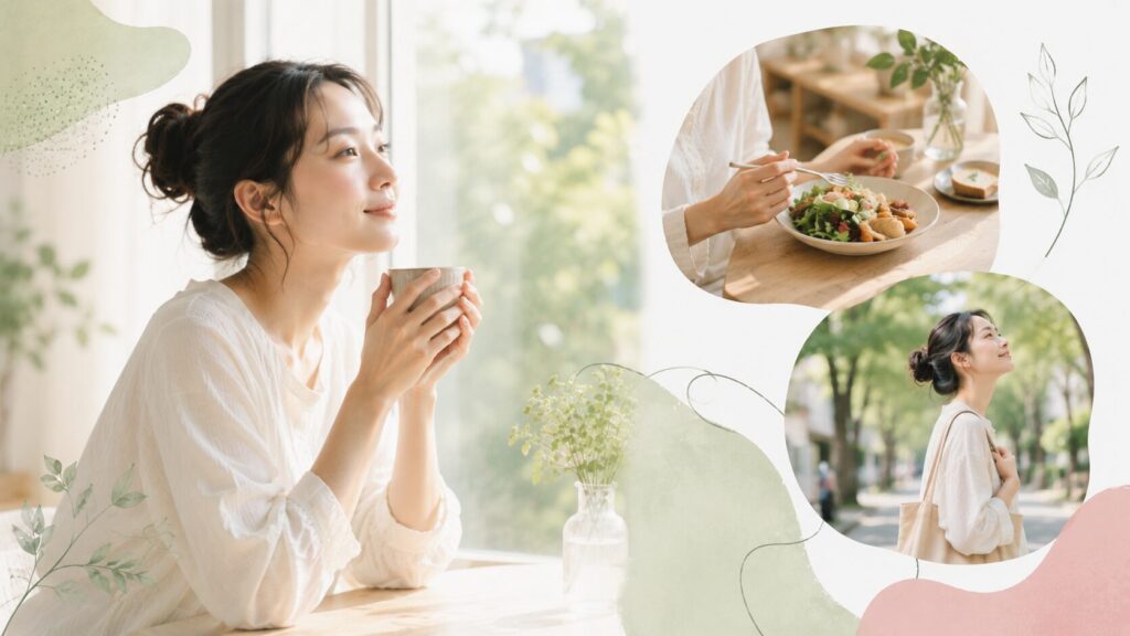 健康的な食事や散歩を取り入れ、リラックスする女性。