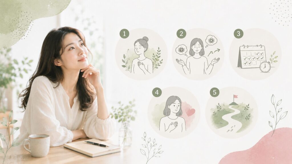 マインドフルネスの5つのステップをイメージする女性。