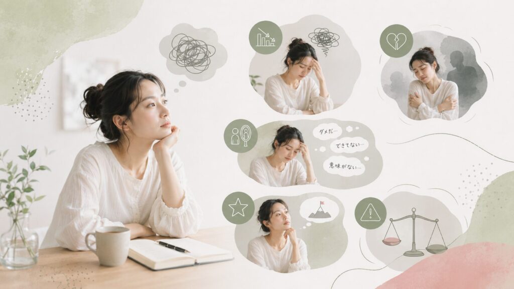 失敗や人間関係などの不安を抱える女性。